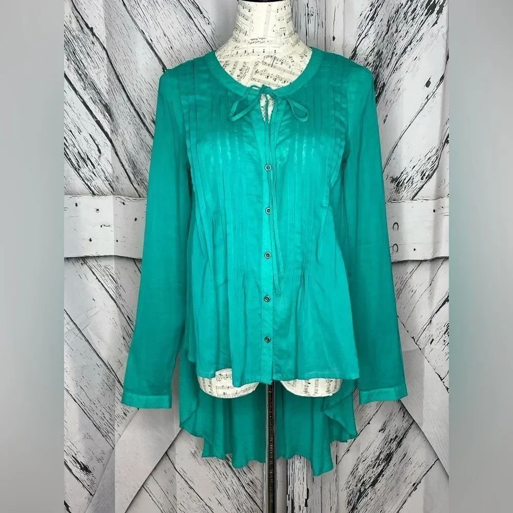 Free People Teal Button-Up High/Low Blouse S